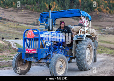 Phobjikha, Bhutan. Tracktor carico di trazione di patate allo storage, Kikorthang Village. Foto Stock