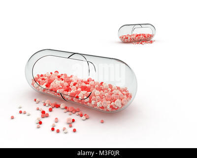 Close-up di capsule di medici isolati su sfondo bianco. Il rendering 3D Foto Stock