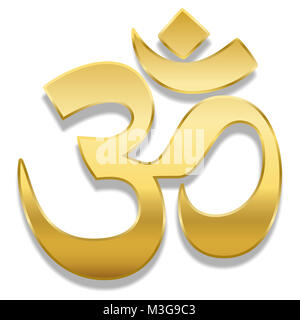 Golden Aum o Om simbolo. La guarigione spirituale simbolo dell Induismo e Buddismo - illustrazione su sfondo bianco. Foto Stock