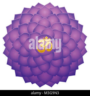 Chakra della Corona con Aum o Om simbolo nel centro. Mille petaled lotus o viola Sahasraha. La guarigione spirituale il simbolo. Foto Stock