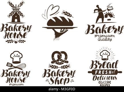 Panificio, bakehouse etichetta o di un logo. Pane e prodotti da forno, simbolo di cibo. Disegno tipografica illustrazione vettoriale Illustrazione Vettoriale