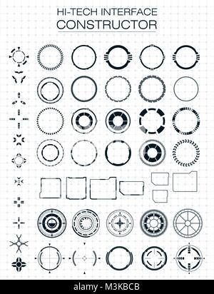 Set di hi-tech di elementi di interfaccia su uno sfondo chiaro. Gli elementi di design per hud, interfaccia utente, animazione, motion design. Illustrazione Vettoriale Illustrazione Vettoriale