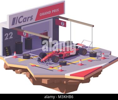 Vettore low poly racing car e pit stop Illustrazione Vettoriale