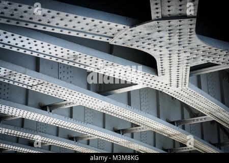 Travi di acciaio su un ponte ferroviario con le piastre di acciaio e i collegamenti rivettati. Formato orizzontale. Foto Stock