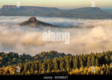 Autunno nebbia di mattina sopra la Svizzera sassone vicino a Dresda, Germania Est Foto Stock