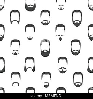 Vettore stile cartoon seamless pattern con barbe e mustaches su sfondo bianco. Barberia ornamento. Illustrazione Vettoriale