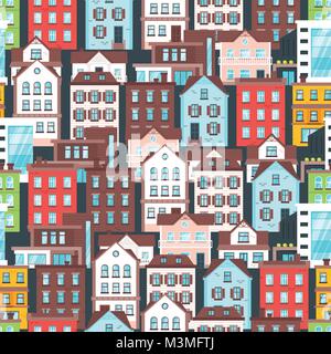 Vettore stile cartoon seamless pattern con edifici della città. Illustrazione Vettoriale