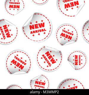 Nuovo arrivo sticker seamless pattern icona sfondo. Appartamento Business illustrazione vettoriale. Vendita Shopping segno modello di simbolo. Illustrazione Vettoriale