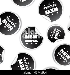 Nuovo arrivo sticker seamless pattern icona sfondo. Appartamento Business illustrazione vettoriale. Vendita Shopping segno modello di simbolo. Illustrazione Vettoriale