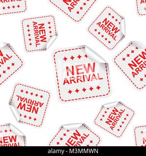 Nuovo arrivo sticker seamless pattern icona sfondo. Appartamento Business illustrazione vettoriale. Vendita Shopping segno modello di simbolo. Illustrazione Vettoriale