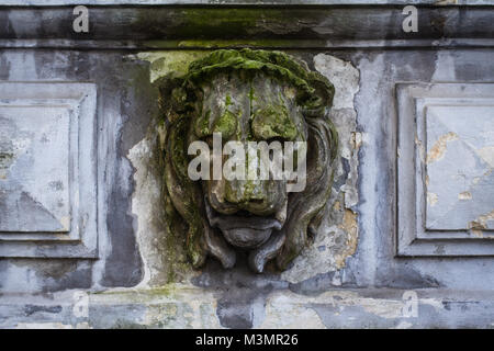 Vista frontale closeup di testa leone scultura scolpita nella pietra sulla facciata di un edificio storico Foto Stock