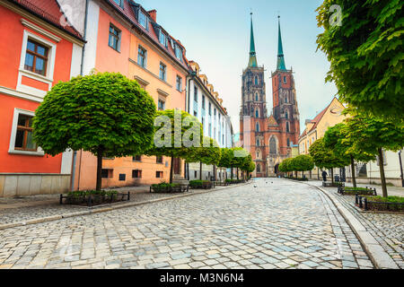 Fantastico spring street panorama con vecchi edifici, strada asfaltata e spettacolare di San Giovanni, Cattedrale di Wroclaw, Slesia regione di pianura, Polonia, Europa Foto Stock