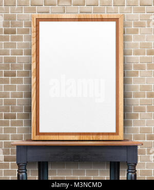 Legno bianco photo frame appoggiata al muro di mattoni su vintage tavolo in legno,modello Mock up per aggiungere il disegno o il testo. Foto Stock