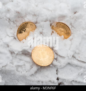 Perso denaro close-up. Copprito monete d'oro bitcoin sono distesi sulla neve. Nessuno bisogno. In inverno sulla strada, tracce di vetture. Foto Stock