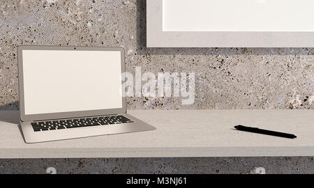 Laptop appoggiato su una scrivania in legno. Stile moderno di interior design e arredamento. La contemporanea. Il rendering 3D Foto Stock