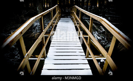 Snowy passerella in legno per l'acqua. Artistico scena invernale con il piccolo ponte in una foresta scura. Il modo direct in avanti. Foto Stock