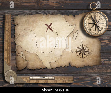 Vecchia mappa vuota dello sfondo con la bussola. Avventura e concetto di viaggio. 3d'illustrazione. Foto Stock