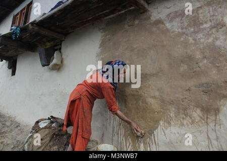 Donna del kashmir applicazione di sterco di vacca su pareti, kupwara, Kashmir India, Asia Foto Stock