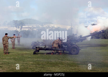 Stati Uniti I soldati assegnati alla salute della batteria, 2° Battaglione, undicesimo campo reggimento di artiglieria, XXV divisione di fanteria artiglieria, successi di condotta durante il XXV divisione di fanteria cambiamento di comando nel campo Weyand, gen. 4, 2018. (U.S. Foto dell'esercito da Staff Sgt. Keith Anderson) U.S. Soldati successi di condotta durante la venticinquesima modifica della fanteria della cerimonia di comando da #PACOM Foto Stock