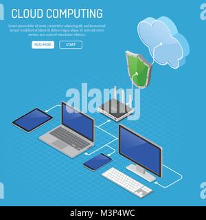 La tecnologia di cloud computing isometrico Illustrazione Vettoriale