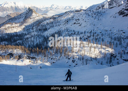 Snowboarder - free-ride surf nella neve dalla cima della montagna in Italia. Foto Stock