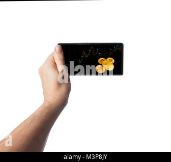 Smartphone con Bitcoin contanti grafico di sovratensione Foto Stock