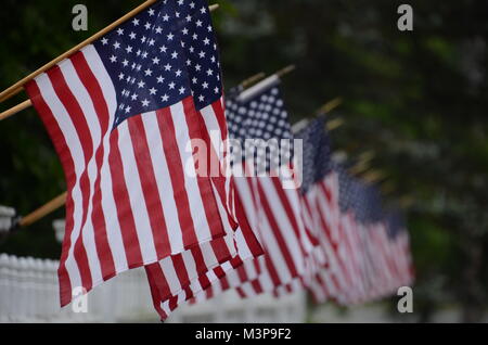 Una fila di piccole stelle e strisce bandierine americane su un Rhode Island ospita recinto USA Foto Stock