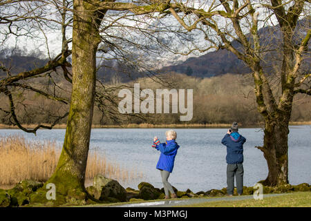 Un vecchio paio di fotografare la neve e il paesaggio presso le banche di Elterwater in Ambleside Cumbria, in una fredda giornata di sole, England, Regno Unito Foto Stock