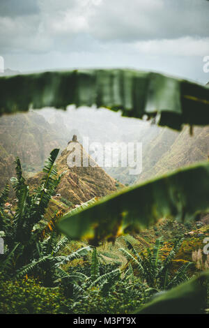 Picco di montagna di Xo-xo valley visibile attraverso le foglie di banano telaio giù per la valle. Uno dei miglior percorso di trekking sul Santo Antao isola, Capo Verde. Le nuvole Foto Stock