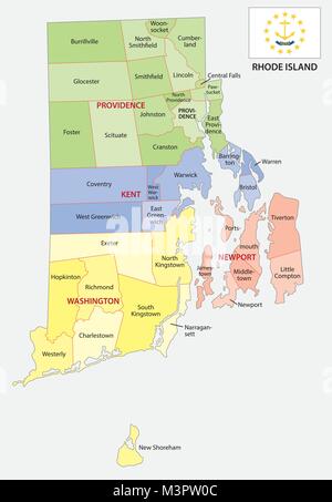 La Rhode Island county e la città mappa vettoriale con bandiera Illustrazione Vettoriale