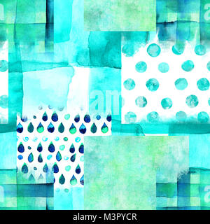 Un astratto patchwork seamless disegno ad acquerello in teal blue Foto Stock