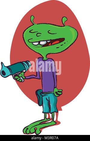 Funny alien con cannone al plasma cartoon, stile libero handdrawn illustrazione vettoriale Illustrazione Vettoriale