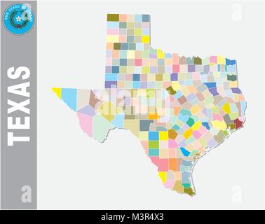 Colorato politica e amministrativa di mappa vettoriale di noi stato federale in Texas con guarnizione Illustrazione Vettoriale