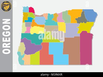 Colorato politica e amministrativa di mappa vettoriale di noi stato federale oregon con guarnizione Illustrazione Vettoriale