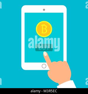 Le mani con la compressa con bitcoin simbolo sul fondo urbano.Concetto di applicazione per dispositivi mobili con portafoglio per bitcoin e internazionale dei pagamenti globali attraverso il gadget. Vettore Illustrazione Vettoriale