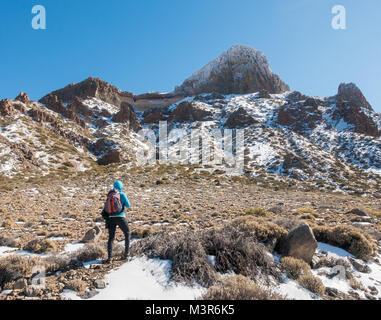 Escursionista femmina nella coperta di neve Parco Nazionale del Teide.Tenerife, Isole Canarie, Spagna. Foto Stock