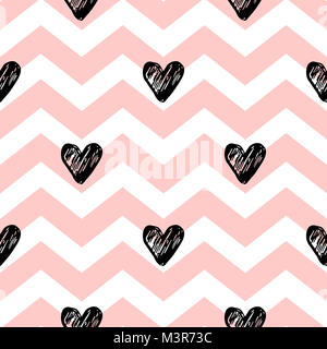 Chevron seamless pattern. Le linee di colore rosa e cuori nero su uno sfondo bianco. Design per il giorno di San Valentino Foto Stock