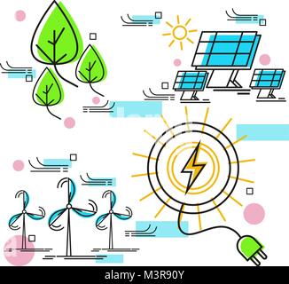 Linea di energia verde. Salvataggio di natura o il concetto di ecologia. Vettore alternativo lineare generatore di energia. La protezione della natura con moderne innovazioni e tecnologie. È possibile utilizzare per salvare la terra giorno design Illustrazione Vettoriale