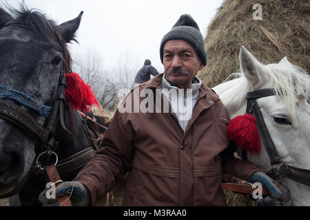 Una contadina che trasportano due cavalli,in frosty Magura,contea di Brasov, Romania. Foto Stock