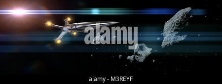 Astronave volando attraverso asteroide campo illuminato dal sole (3d science fiction illustrazione banner) Foto Stock
