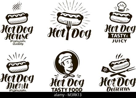 Hot Dog logo o etichetta. Il fast food, mangiare emblema. Disegno tipografica illustrazione vettoriale Illustrazione Vettoriale