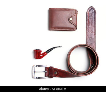 Gli uomini di accessori per affari e rekreation. Un studio professionale di fotografia di uomini accessori business. Vista superiore composizione Foto Stock