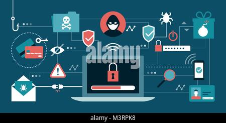 Cyber security, antivirus, hacker e concetti di malware con secure laptop al centro Illustrazione Vettoriale