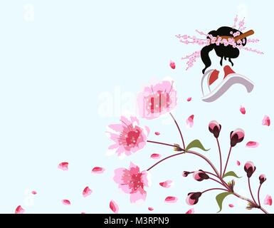 Sakura. Scheda. Un ramo della fioritura molla cherry tree con fiori viola e boccioli. Silhouette decorata con fiori. illustrazione Illustrazione Vettoriale