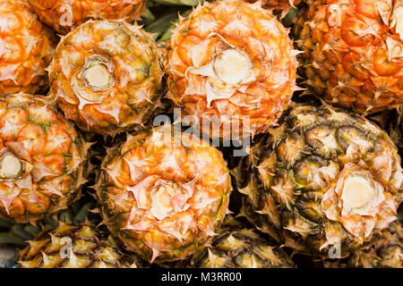 Pila di ananassi destinati alla vendita in Browns città mercato vicino a Ocho Rios, Giamaica, West Indies, dei Caraibi Foto Stock