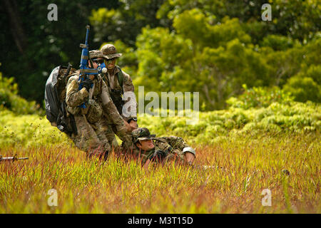 Senior aviatori Brian Huhtala e Colt Gass, entrambi i controller di combattimento assegnato alla ventiduesima Tattiche speciali squadrone a base comune Lewis-Mccorda, nello Stato di Washington, trascinare il Senior Airman Pietro Rigg durante la simulazione di una imboscata. Lo scenario è parte di una guerra nella giungla esercizio di formazione. (U.S. Air Force foto/Master Sgt. Jeffrey Allen) 140617-F-CP197-1429 da AirmanMagazine Foto Stock