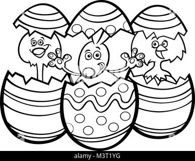 Bianco e Nero Cartoon illustrazione del coniglietto di Pasqua e un po' di polli in colorate dei gusci delle uova di Pasqua libro da colorare Illustrazione Vettoriale