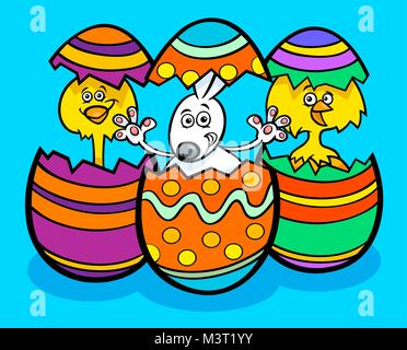 Cartoon illustrazione del coniglietto di Pasqua e un po' di polli in colorate dei gusci delle uova di Pasqua Illustrazione Vettoriale