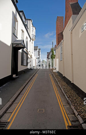 Doppie linee gialla dipinta su una strada stretta in Topsham, Devon, Regno Unito. Foto Stock