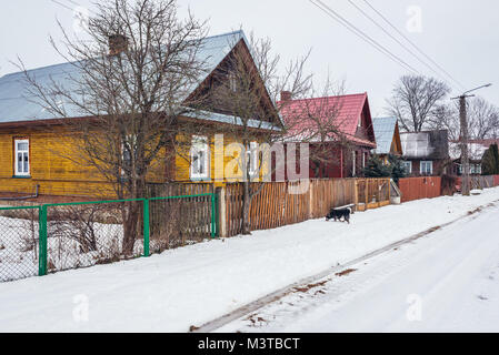 Case di legno lungo la strada nel villaggio Soce sulla cosiddetta Terra di ante aperte del sentiero, famosa per la tradizionale architettura in provincia di Podlaskie, Polonia Foto Stock